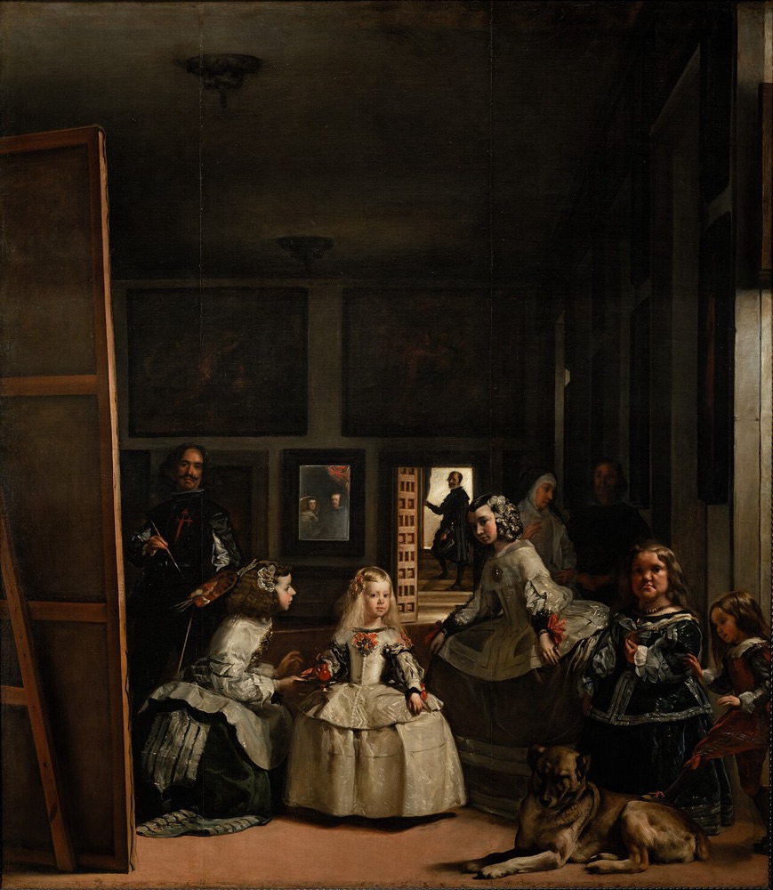 Diego Velázquez’s Las Meninas: the Infanta Margarita stands in a tall dim room with her maids, a dog and a dwarf, while the painter looks out from behind a huge canvas and a small mirror on the back wall reflects the King and Queen.