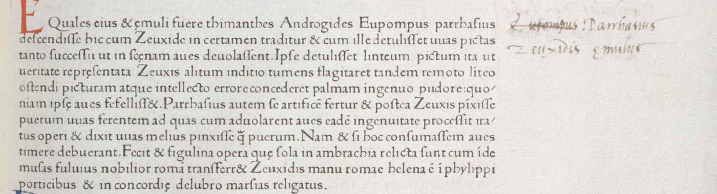A printed Latin page with a red initial E and a handwritten note in the margin naming Parrhasius as Zeuxis’s rival.