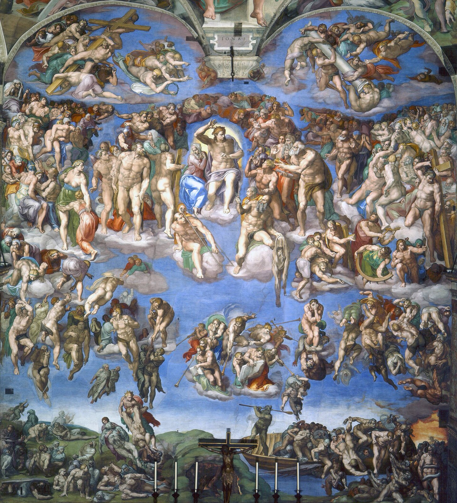 Michelangelo’s Last Judgment: a wall crowded with hundreds of figures rising and falling around Christ against a blue sky.
