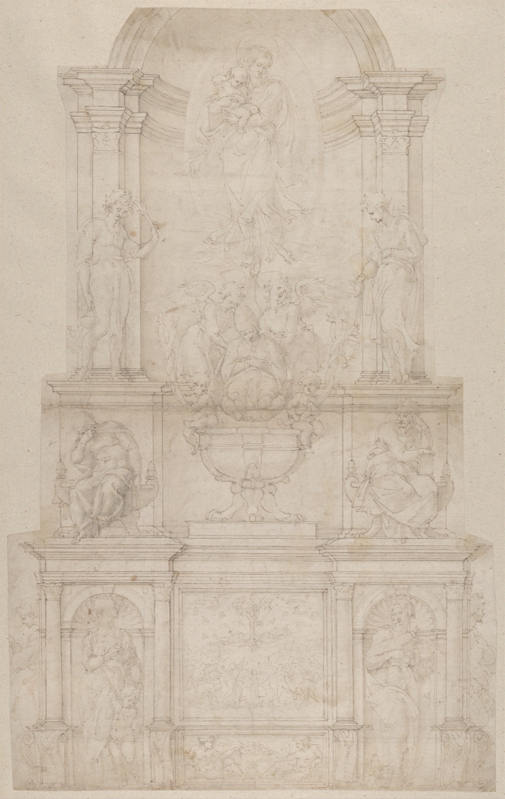 A pen and wash drawing of a tall wall tomb, two stories of niches crowded with standing and seated figures, with a pope’s effigy near the top.