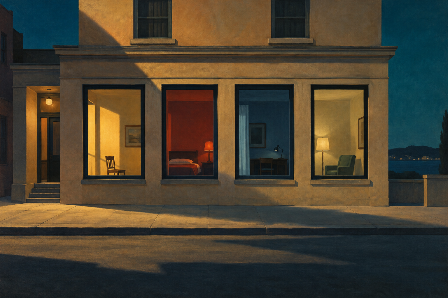 A Hopper-inspired building with illuminated windows on a quiet street at dusk.