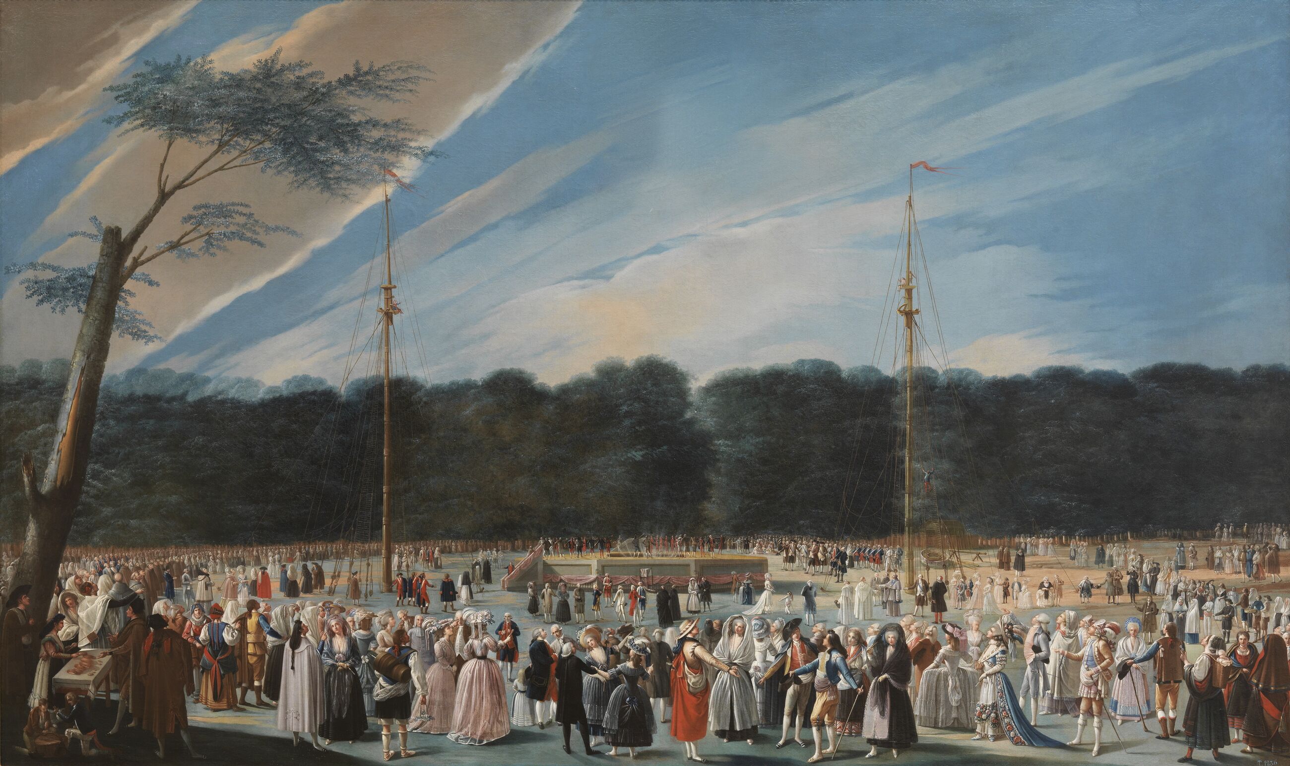 Antonio Carnicero’s painting of a launch in the gardens of Aranjuez: two tall masts, a platform, and a great crowd under an empty sky.