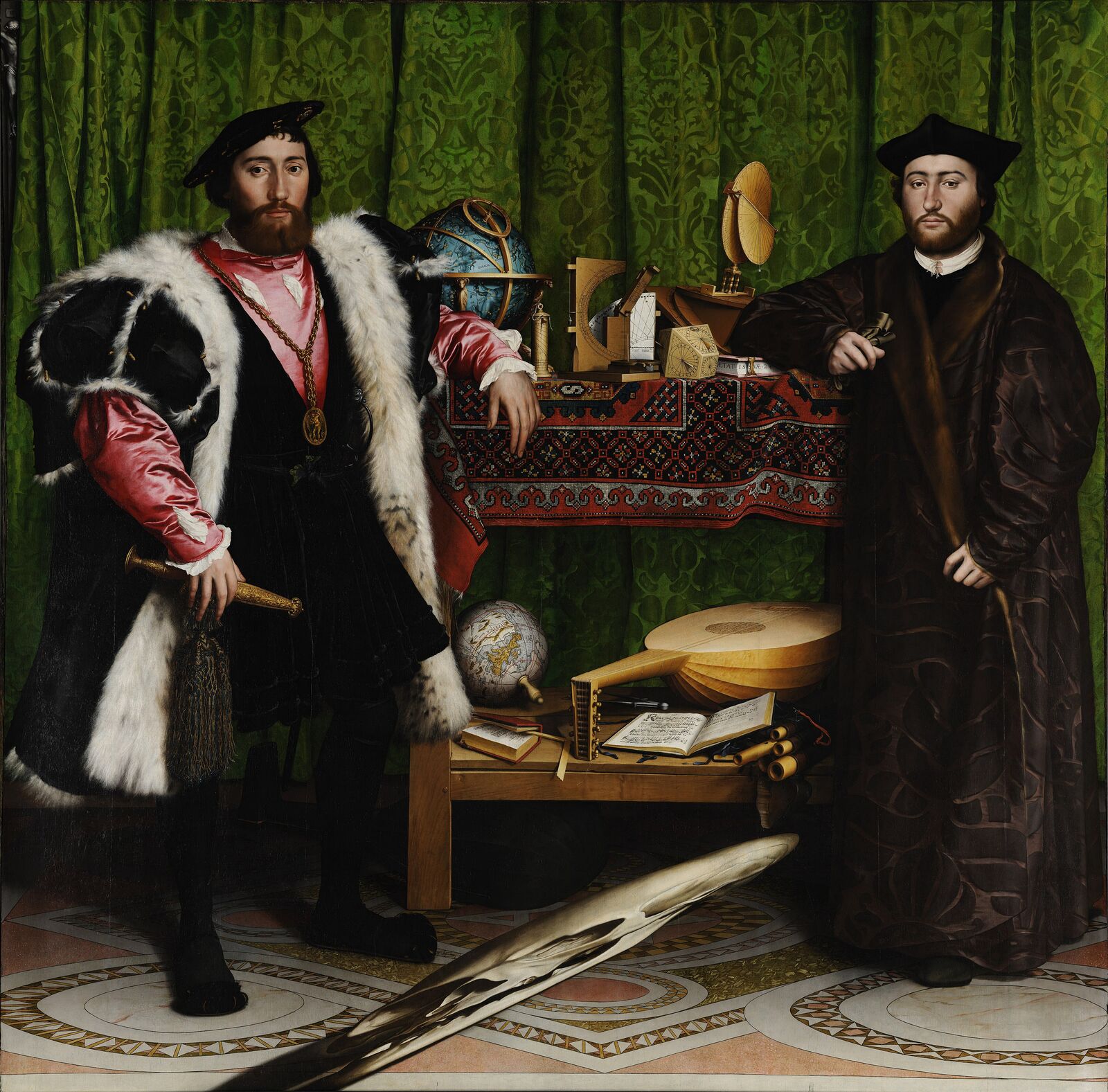 Two men stand in front of a green damask curtain on either side of a two-tier shelf. One wears a black doublet, pink satin sleeves and a fur-lined coat; the other a long dark gown and a square cap. The upper shelf holds a celestial globe and sundials, the lower a terrestrial globe, a lute, open books and a case of flutes. A long pale distorted shape slants across the patterned floor in front of them.
