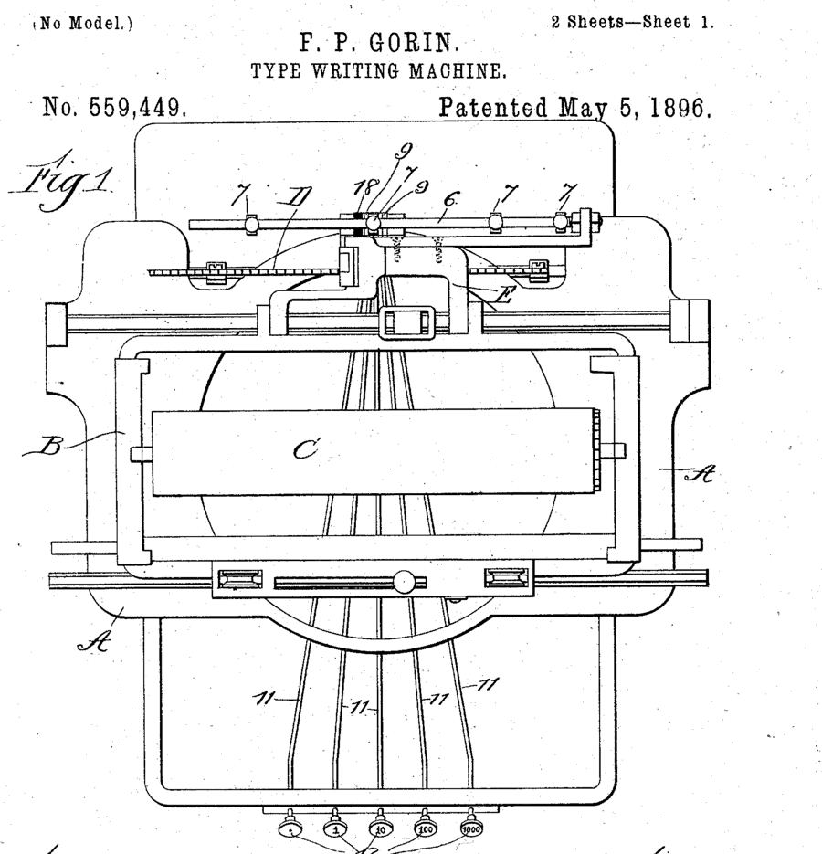 A patent drawing of a typewriter seen from above, with a bar of adjustable stops along the back of the carriage and a row of five extra keys at the front marked with a dot, 1, 10, 100 and 1000.