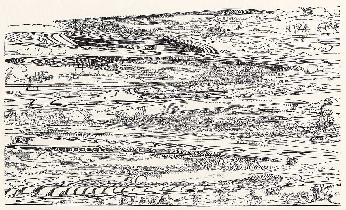 A woodcut of long horizontal bands of stretched, swirling lines, like a landscape seen through warped glass. Small ordinary scenes of towns, riders, a ship and travelers fill the gaps between the bands.