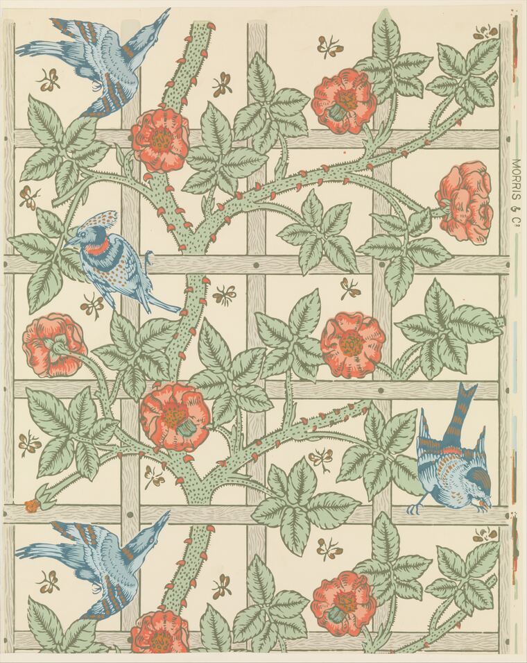 A wallpaper of a wooden trellis grown over with pink roses and green leaves, with blue birds perched and flying among the stems.